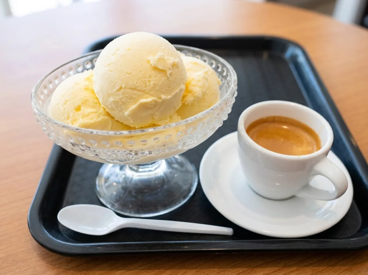 Vanilla ice cream beside an espresso.