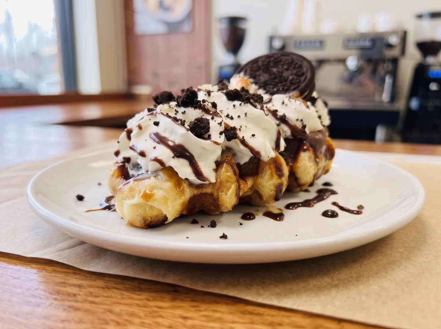 A croffle with Oreo, whipped cream and chocolate drizzle.