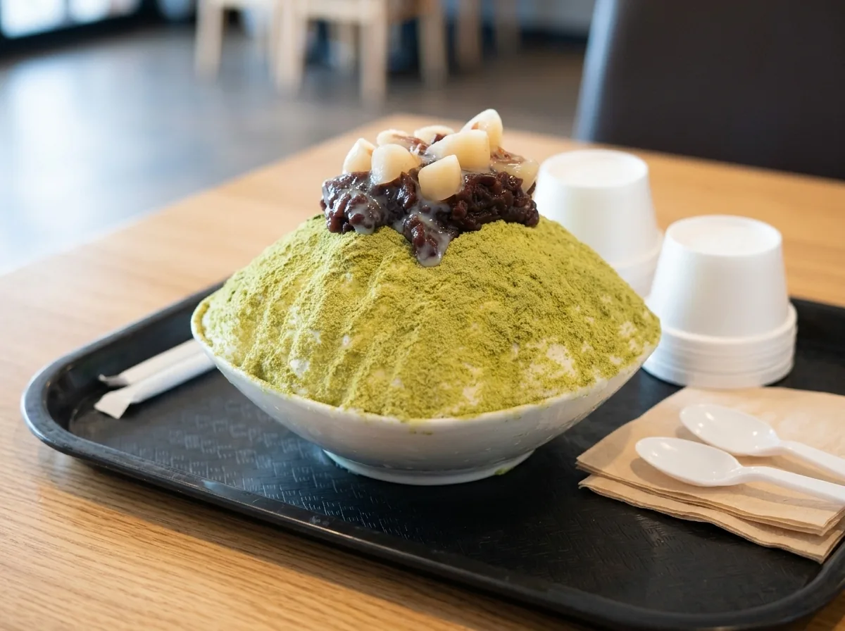 Green tea bingsu under red bean and almonds.