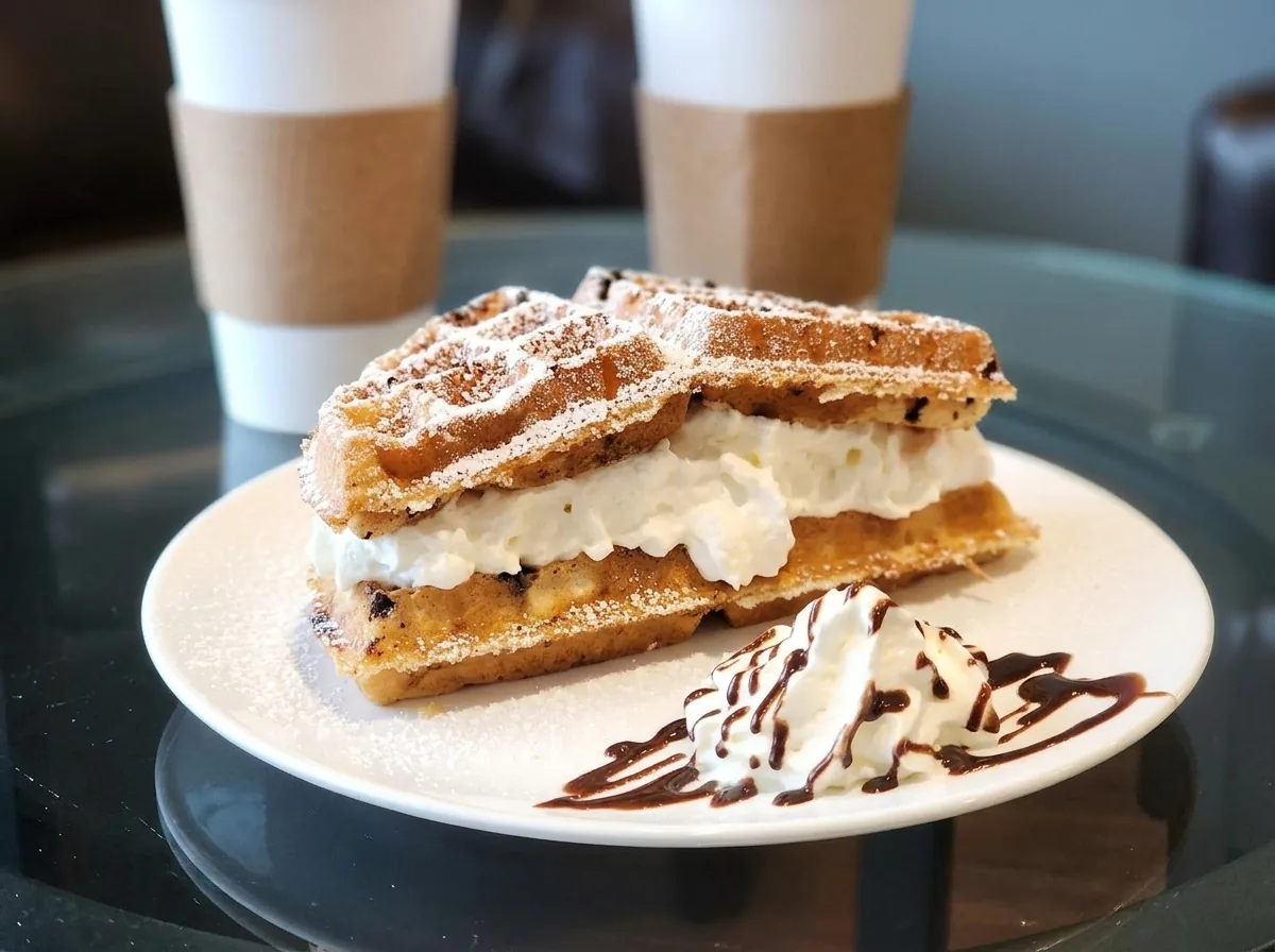 A honey cream waffle cut open, dusted with sugar.