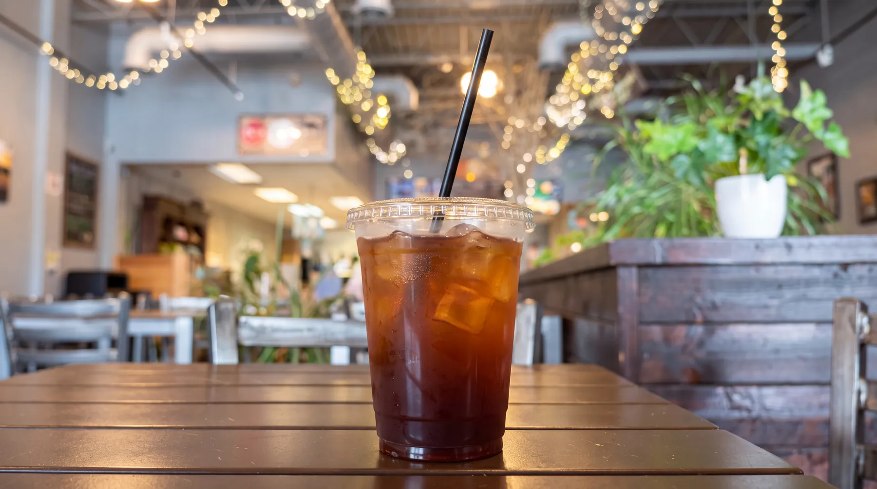 A dark iced tea on the wood table.