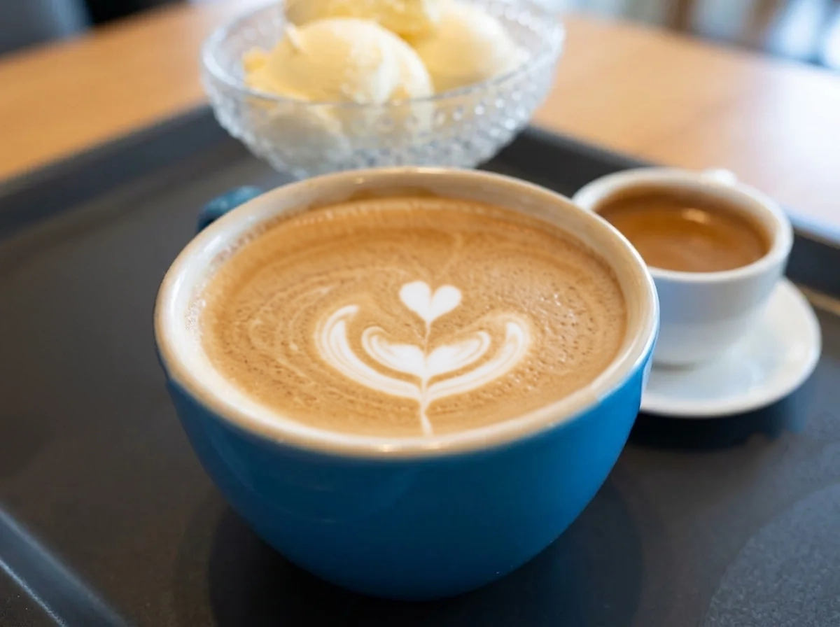 A latte poured into a blue cup.