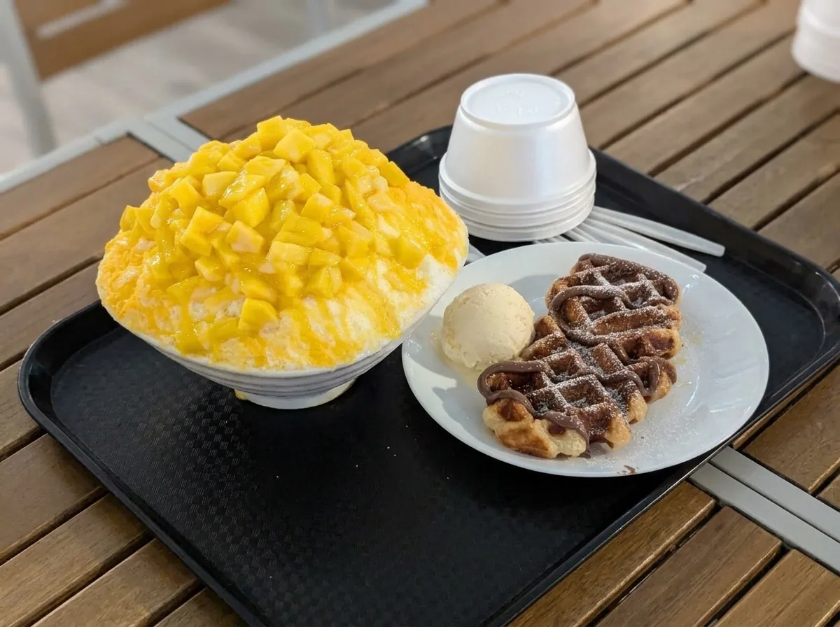 Mango bingsu with a waffle on the side.