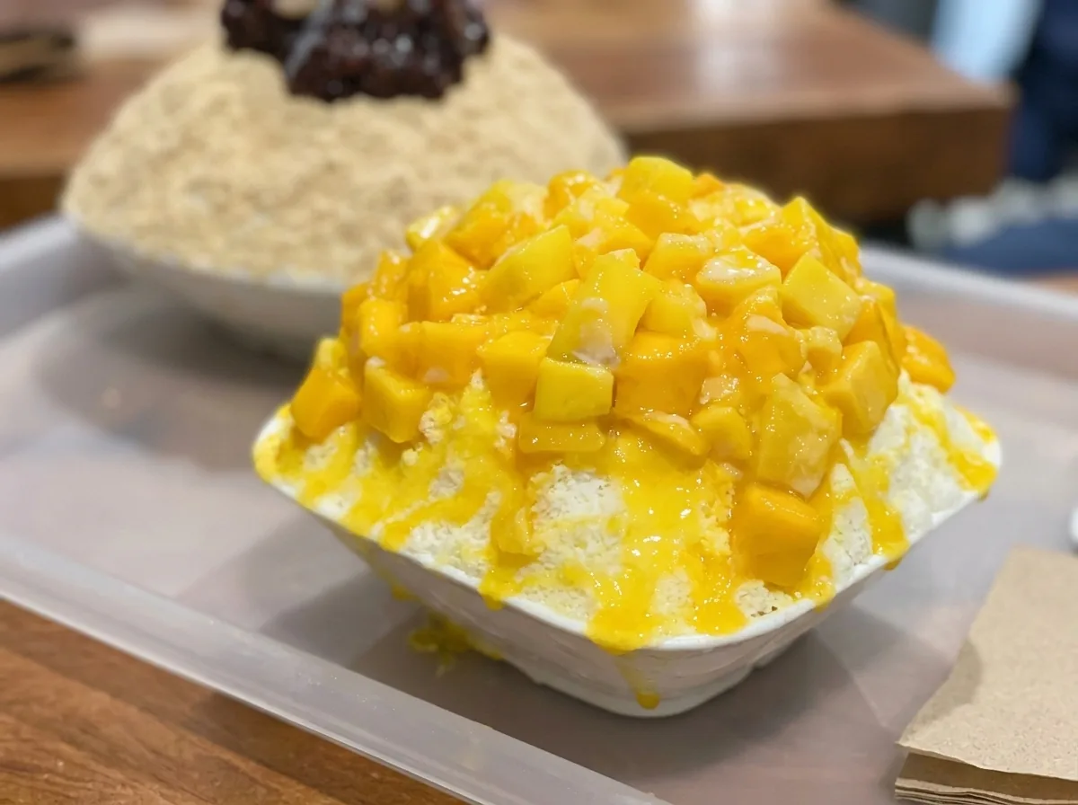 Mango bingsu heaped with fresh mango.