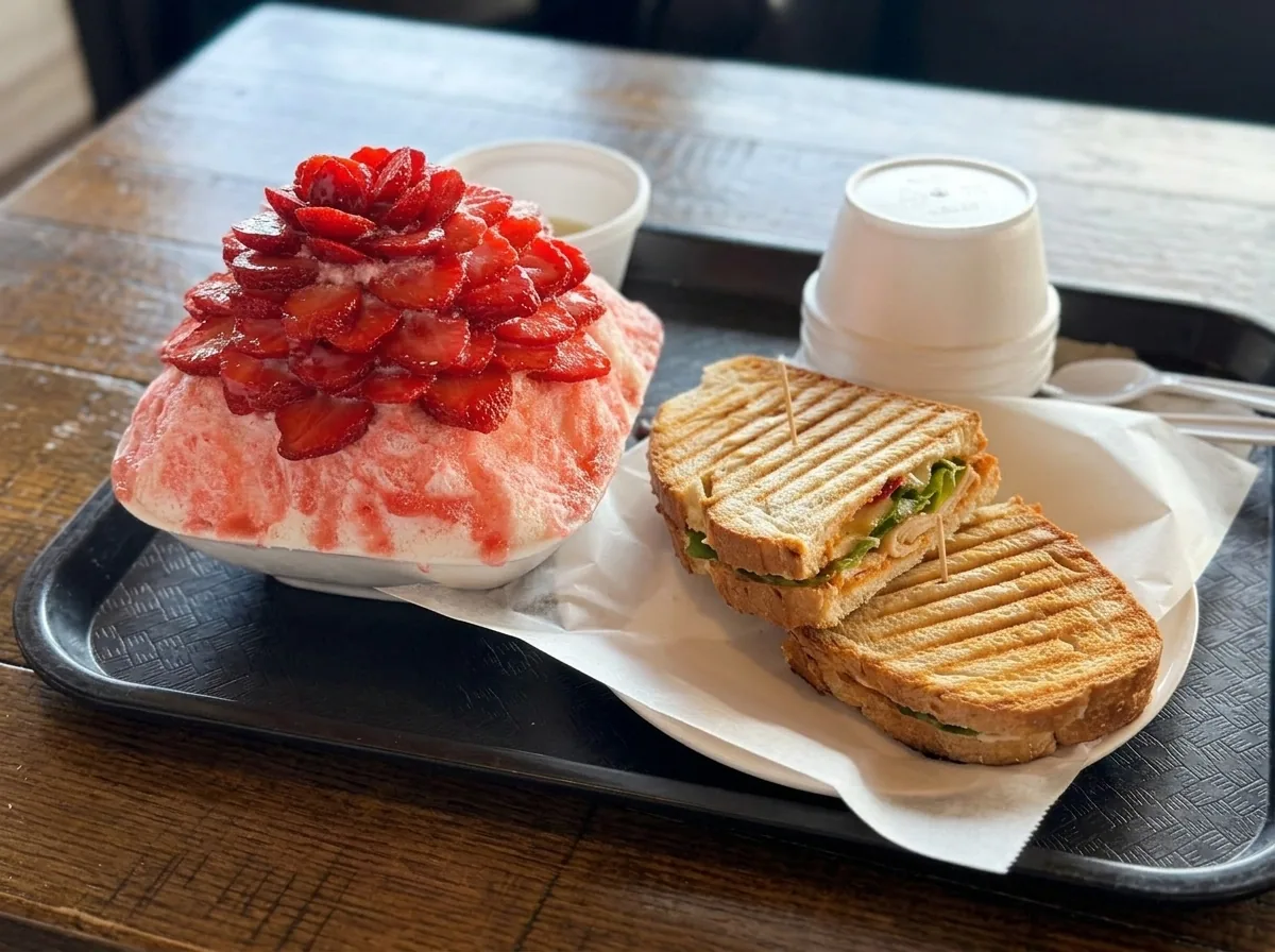 Strawberry bingsu beside a panini.