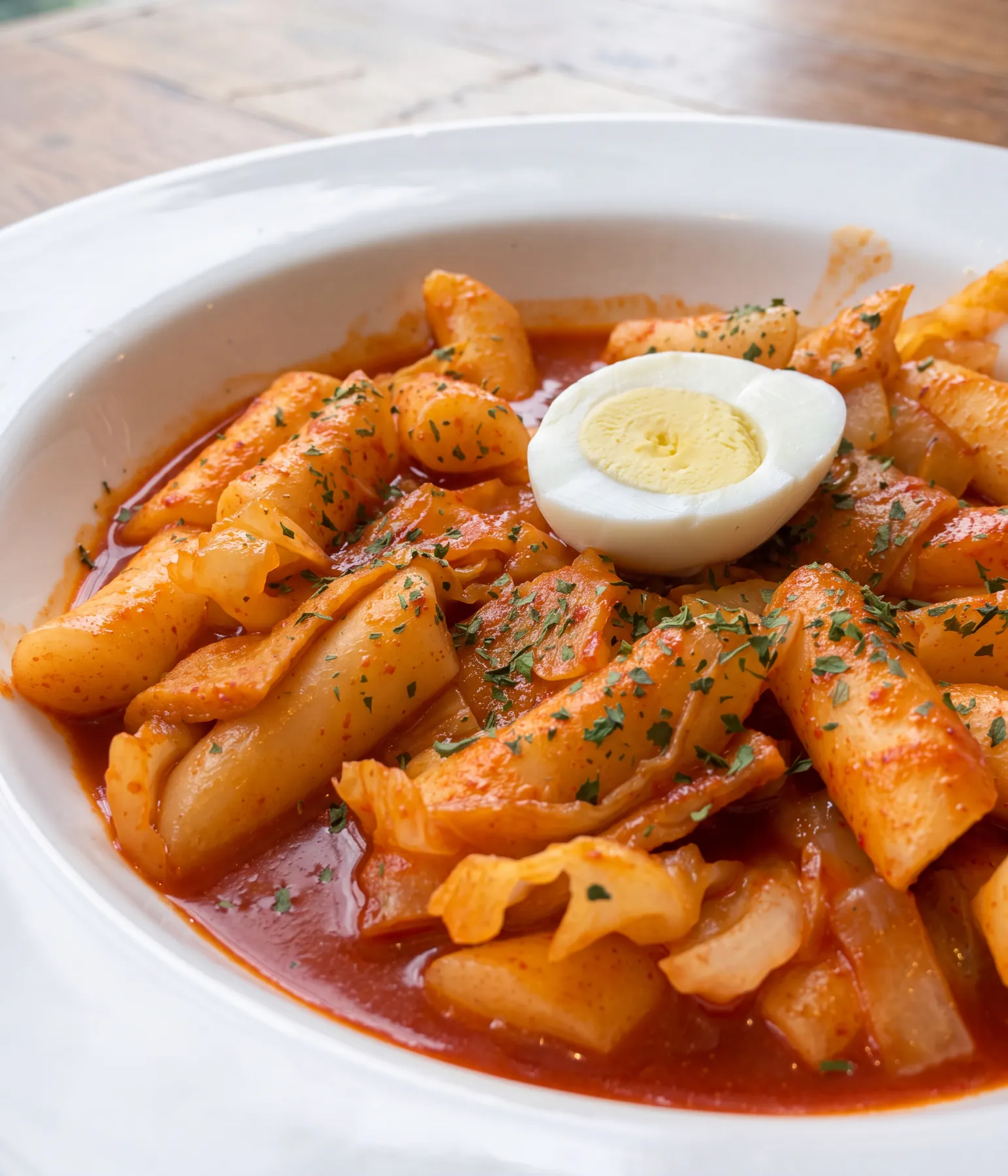 A bowl of tteokbokki with a boiled egg.