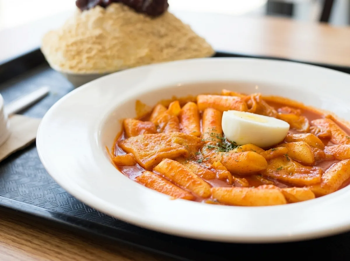 A plate of tteokbokki in red sauce with a boiled egg.