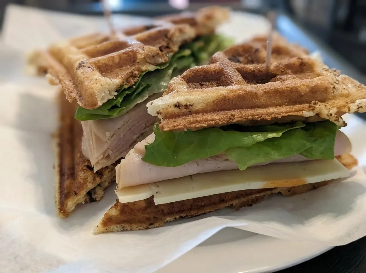 A waffle sandwich with turkey and greens.